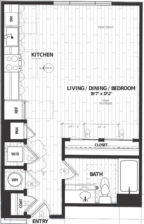 Floor plan for studio, 1 bath, 603 sqft